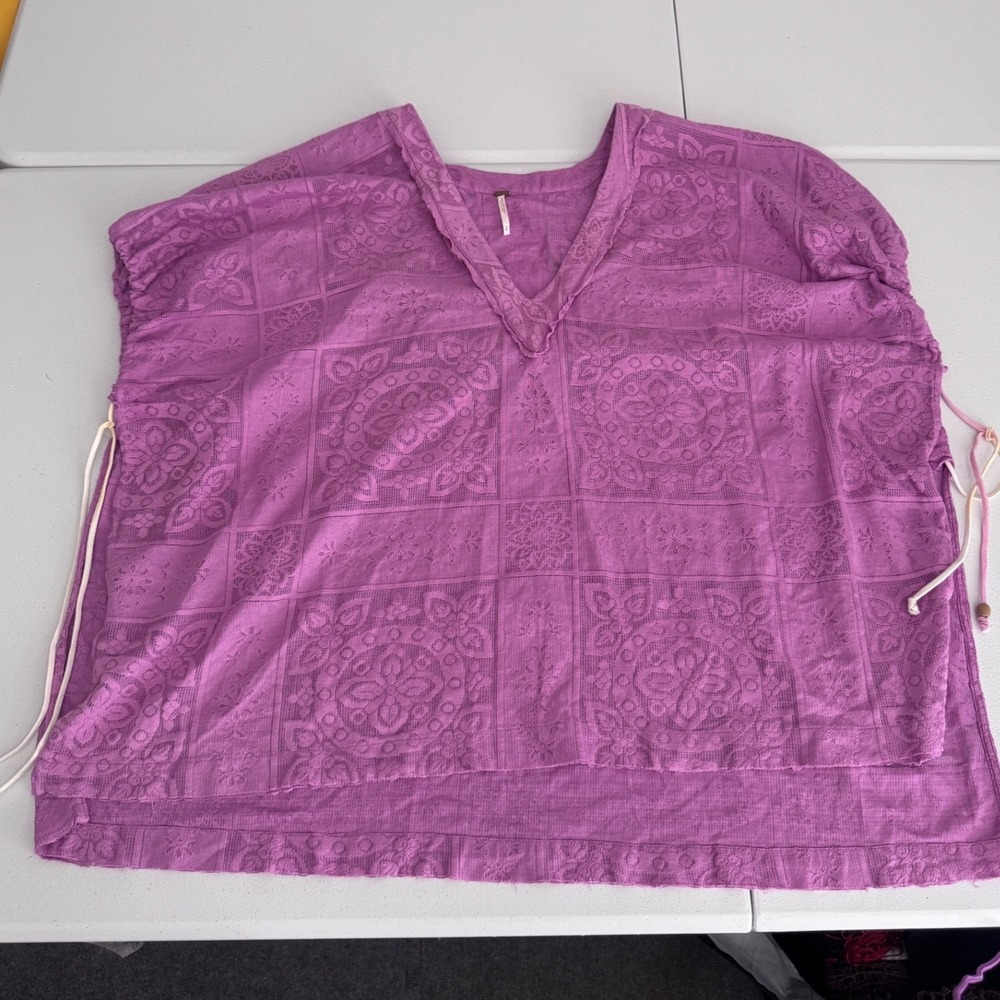 Free People Purple Lace Poncho Top V-Neck Oversized Boho Festival Blouse dd‎
